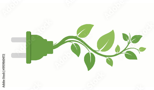 Electric plug growing into botanical vine eco technology harmony sustainability vector illustration