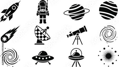 Collection of space exploration icons with astronaut, rocket, planets, and UFO silhouettes isolated on white background for astronomy and science fiction design.
