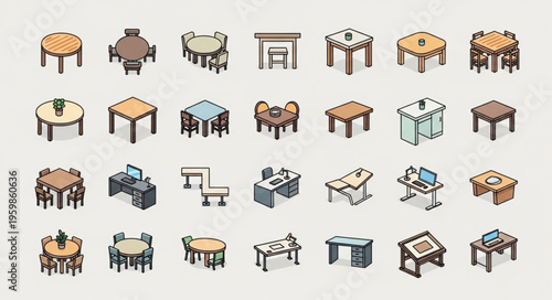 Isometric Table Collection - Diverse Designs for Gaming, Dining, and Workspaces.