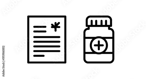 Prescription document and medicine bottle line icons. healthcare, pharmacy, drug treatment, and medical consultation vector illustration