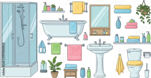 Comprehensive Collection of Cartoon Bathroom Furniture and Accessories in a Bright and Clean Illustration Style