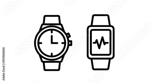 Analog wristwatch and smartwatch line icons. time, health tracking, fitness wearable, and modern technology device vector, analog watch