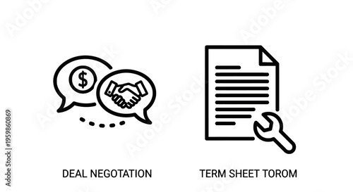 Deal negotiation and term sheet line icons. business agreement, financial discussion, contract, and corporate handshake vector