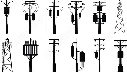 Electric power poles and transformers silhouette set, utility distribution and transmission tower collection, black vector illustration isolated on white background