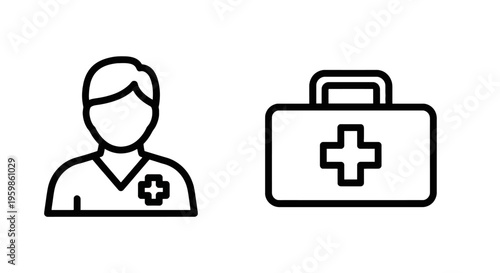 Medical professional and first aid kit outline icons for healthcare services & emergency with patient care