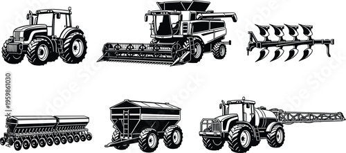 Silhouette icons of agricultural machinery including tractor, combine harvester, plow, seed drill, grain cart, and sprayer tractor for modern farming equipment illustration