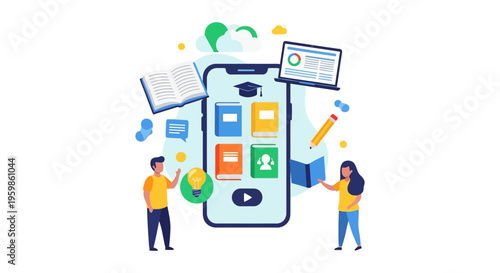 Mobile E-Learning App Concept: Online Education Platform, Distance Learning Courses, Digital Knowledge Access via Smartphone Interface