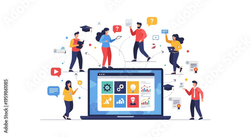 E-Learning Platform Concept: Students Engaged in Online Education, Virtual Classes, and Digital Course Management on Laptop Screen