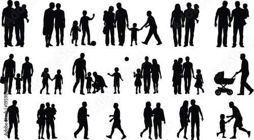 Family silhouette collection with parents and children, happy people walking, playing and parenting scenes, black vector illustration isolated on white background