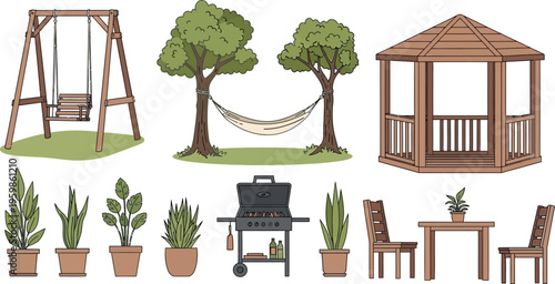 Collection of various outdoor garden and backyard elements, including swing, hammock, gazebo, grill, and furniture set