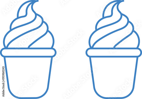 Blue line art illustration of two soft serve ice cream cups on transparent grid background