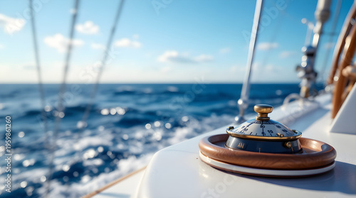 Compass on boat deck with ocean view