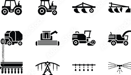 Silhouette icons of modern agricultural machinery and farming equipment including tractors, plows, harvesters, balers, seed drills, and irrigation systems for agriculture industry illustration