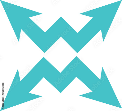 Cyan zigzag arrows pointing outward in four directions for expansion and movement concept