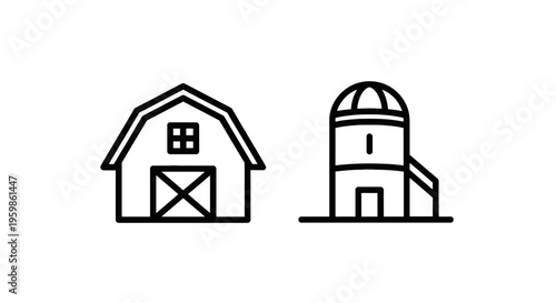 Classic barn and silo icons: agriculture, farming, rural architecture, and countryside structures, line art