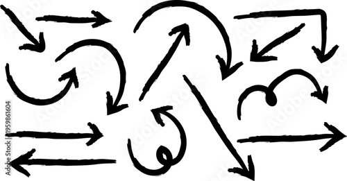 Hand drawn arrows in a chaotic pattern a collection of randomly oriented hand drawn arrows