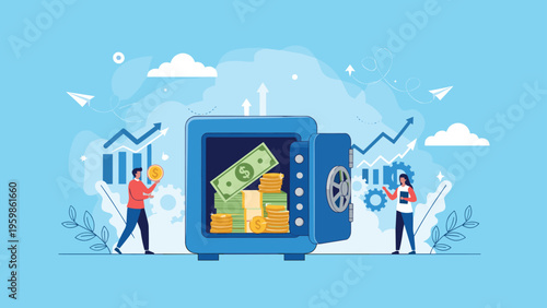 Huge blue safe overflowing with cash and gold coins with people managing investments and wealth in a clean vector scene.