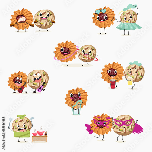 Funny Characters Kurabiye, Kurabie, Ghorayeba, Qurabiya, dessert, hand drawn vector illustration.
