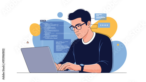 Young programmer wearing glasses working on a laptop computer with coding lines and message icons in the background.