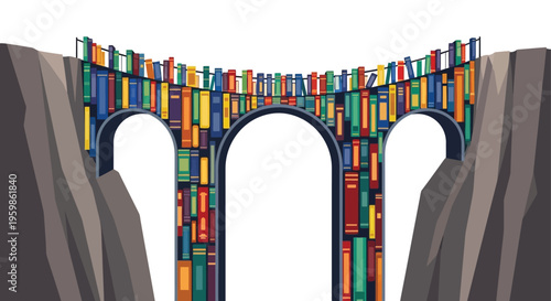 A colorful illustration of a bridge made of books spanning a deep gap between two rocky cliffs