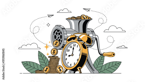 Meat grinder machine turning gold coins into a stack of money next to an alarm clock representing time is money concept.