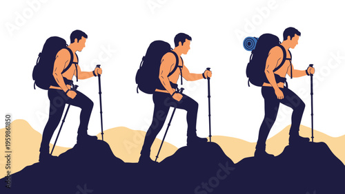 Set of three male hikers silhouettes carrying backpacks and using walking sticks while climbing a desert mountain range.