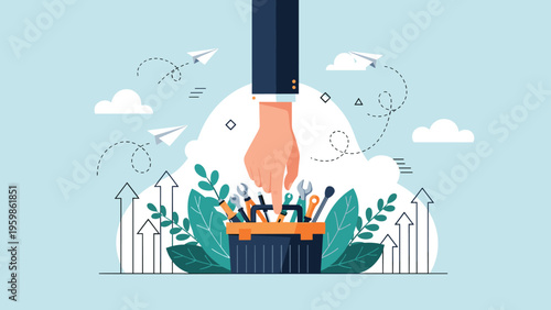 Giant hand picking a wrench from a toolbox surrounded by growth arrows and nature representing technical problem solving.