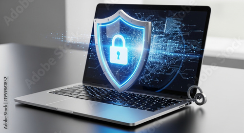 Laptop Security - Shield and Lock Symbolizing Data Protection and Cybersecurity.