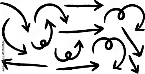 Hand drawn arrows in a chaotic pattern a collection of scribbled and doodled arrows