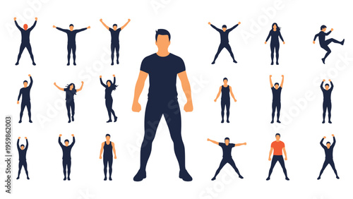 Diverse group of people in various poses like jumping celebrating and standing around a central larger male figure.