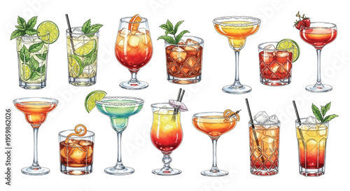 Watercolor Cocktail Drinks Set Colorful Beverages Collection with Glasses Isolated
