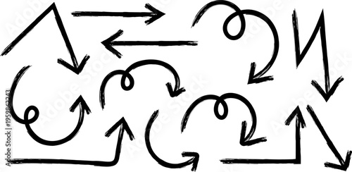 Hand drawn arrows in a chaotic pattern a collection of scribbled and doodled arrows