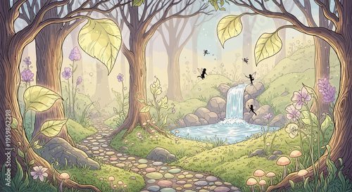 Enchanted forest path leads to a magical waterfall with fairies.