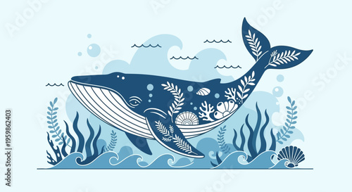 Decorative blue whale swimming in the ocean with marine elements.