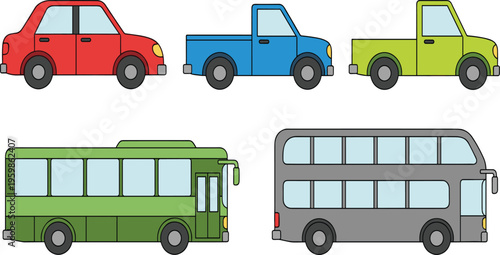 Cartoon Vehicle Set with Cars, Pickup Trucks, and Buses in Different Colors for Transportation, Traffic, and Urban Travel Vector Illustration Design.