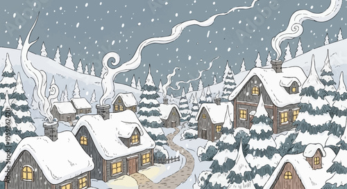 Cozy winter village with smoke rising from chimneys under falling snow.