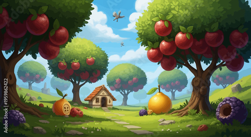 Whimsical orchard with ripe apples, berries and a cozy cottage under blue sky.