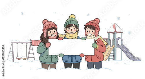 Three children in winter clothes holding a blank sign on a snowy playground.