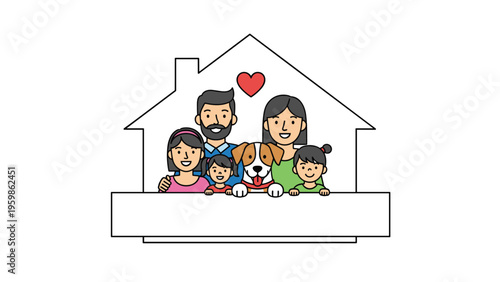 Happy family and their pet dog gathered inside a house-shaped outline symbolizing safety, love, and home ownership on a clean white background.