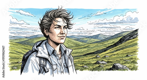 Person looking out at a scenic mountain landscape