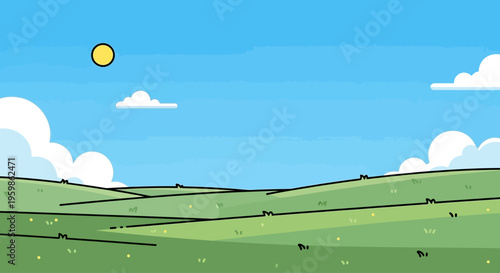Cartoon green hills under a blue sky with a sun and clouds