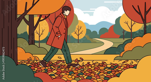 Man walks through a park covered in autumn leaves.