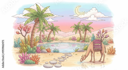Camel drinks water at a desert oasis under a crescent moon.