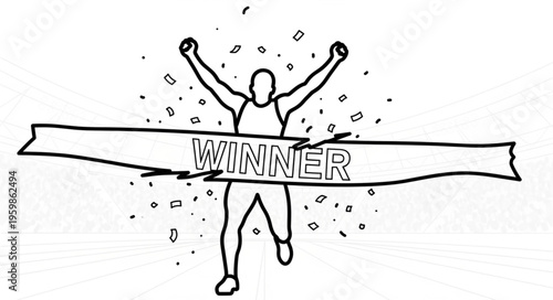 Line Art Illustration of a Runner Breaking the Winner Tape with Confetti.