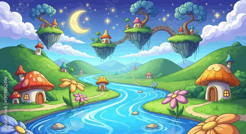 Whimsical fantasy landscape with a magical mushroom village and floating islands under a starry