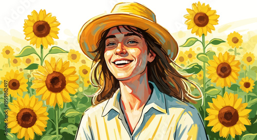 A smiling young woman enjoying a sunny day in a vibrant sunflower field.