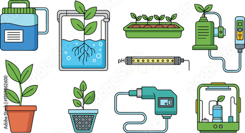 Smart hydroponics and indoor gardening technology icons set, flat vector illustrations of water nutrient systems, pH sensors, grow lights and automated plant monitoring isolated on white