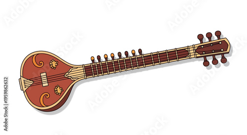 Illustration of a traditional Indian sitar musical instrument isolated on white
