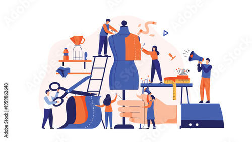 Group of tailors and designers working on a giant mannequin and colorful fabric in a conceptual illustration of fashion industry craftsmanship.