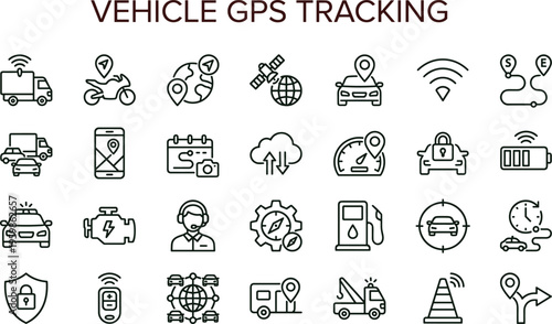 Vehicle GPS tracking outline icon set featuring fleet telematics navigation logistics monitoring transport dashboard interface vector symbols collection